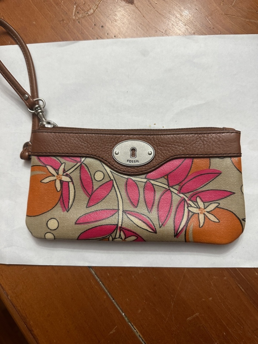 Fossil Pink Orange Floral Canvas Wristlet with Brown Trim